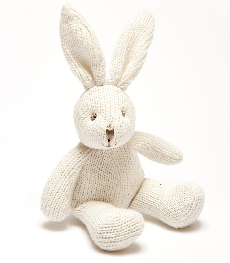 Knitted Rabbit Rattle in White, easter bunny, rabbit toy, organic soft toys